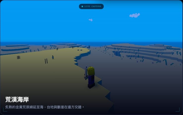 官網標示為「LIVE CAPTURE」的實機遊戲畫面「荒漠海岸」，玩家角色站在體素海岸線上
