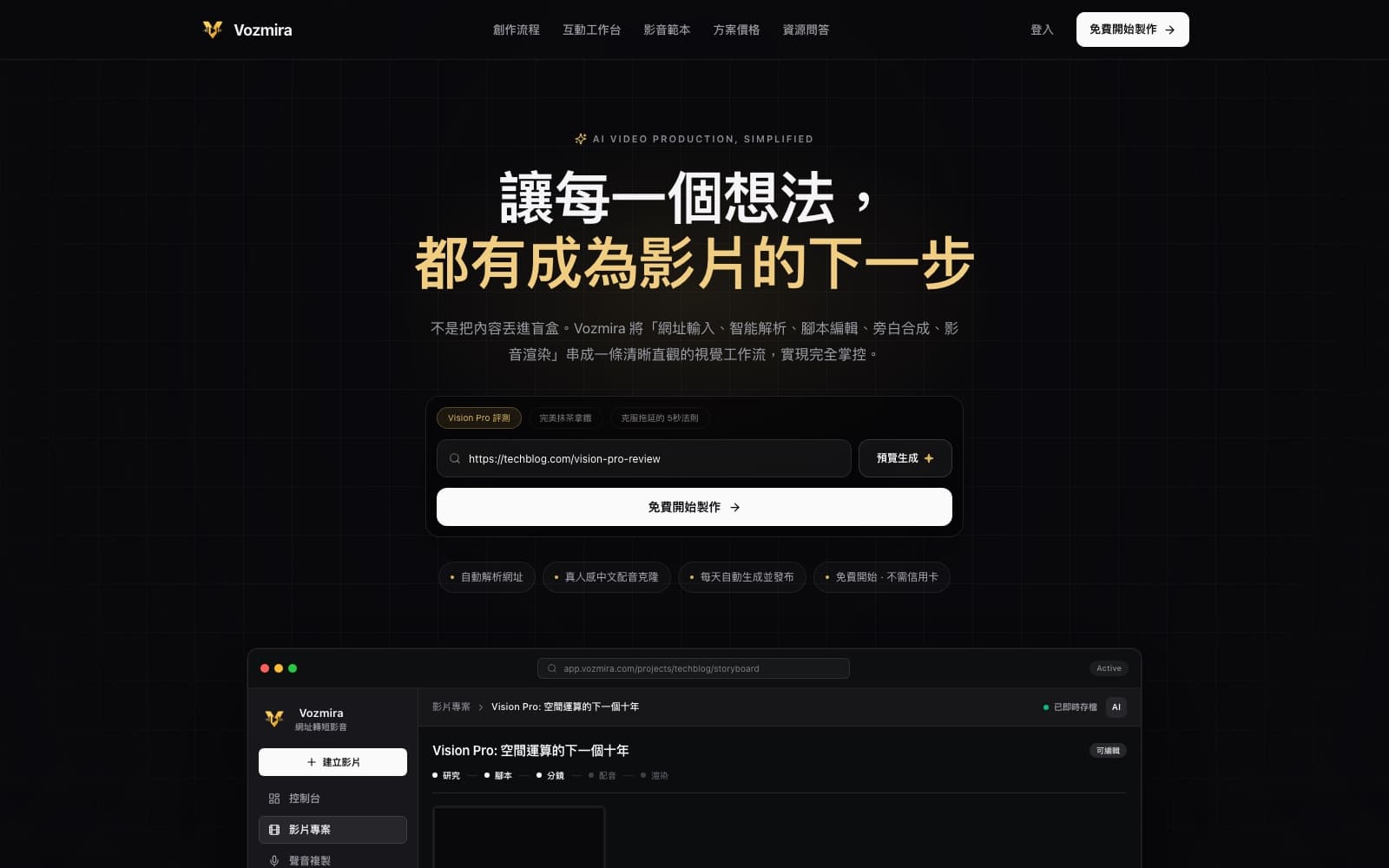 Vozmira 官網首頁，上方是網址輸入框與免費開始製作按鈕，下方是真實的互動式分鏡編輯器預覽